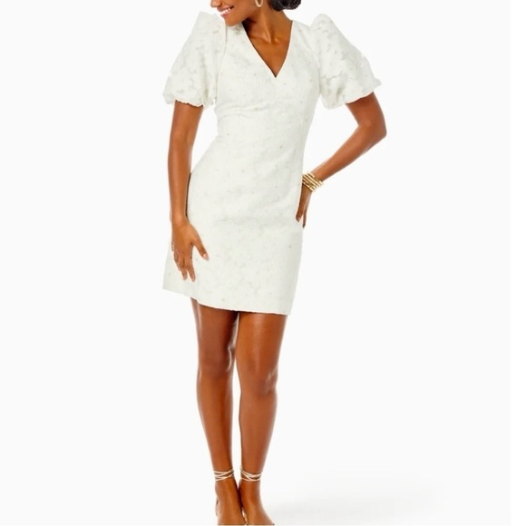 Lilly Pulitzer Citra Embroidered Puff Sleeve Floral Shift Dress White‎ Gold 00 - Picture 4 of 13